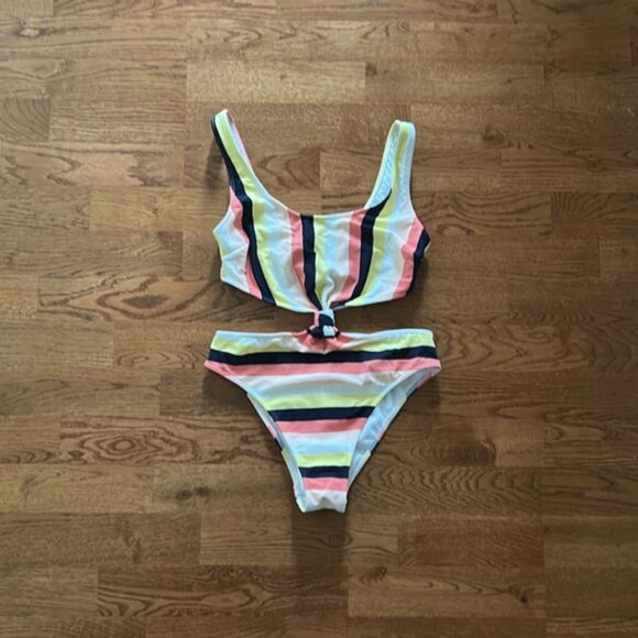 Abercrombie Yellow Coral White Black Stripe Cutout One Piece Knot XS Swimsuit - Picture 1 of 6